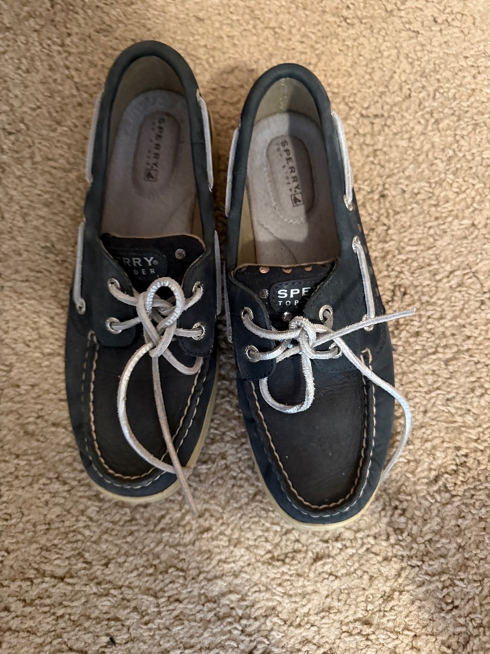 Sperry Wonen’s Navy Leather Boat Shoes with White Laces
